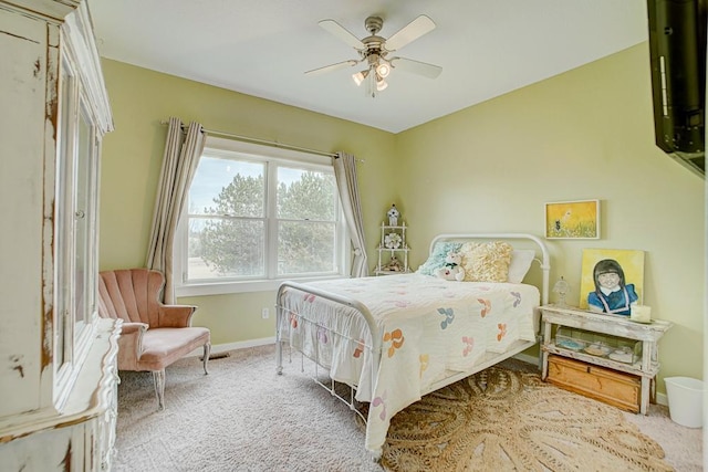 bedroom featuring carpet, visible vents, ceiling fan, and baseboards