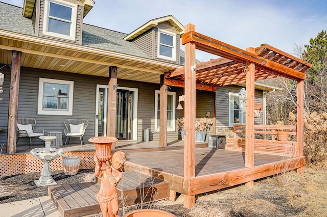 wooden deck with covered porch, cooling unit, and a pergola