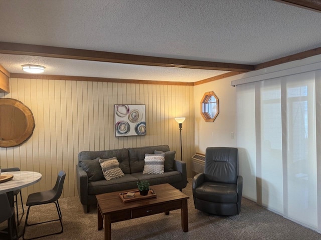 living area with beam ceiling, wooden walls, carpet floors, and a textured ceiling