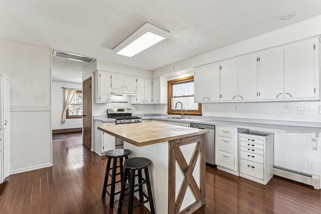 kitchen with a baseboard radiator, wood counters, appliances with stainless steel finishes, white cabinetry, and a sink