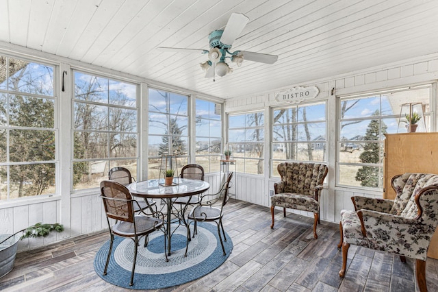 sunroom featuring wooden ceiling and a ceiling fan