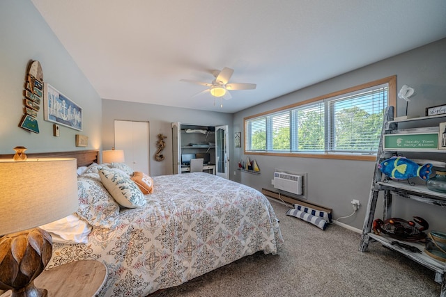 bedroom featuring a wall unit AC, carpet, and ceiling fan