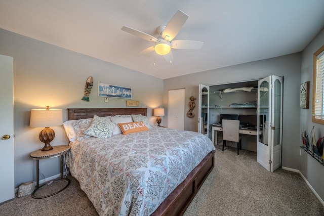 bedroom with carpet floors, baseboards, and a ceiling fan