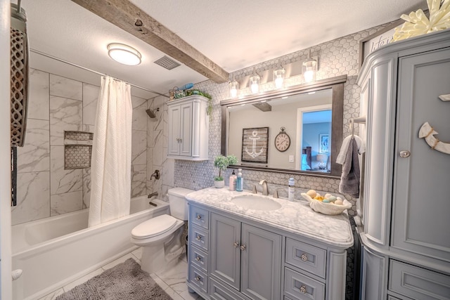 full bath featuring toilet, beamed ceiling, shower / bath combo with shower curtain, a textured ceiling, and vanity