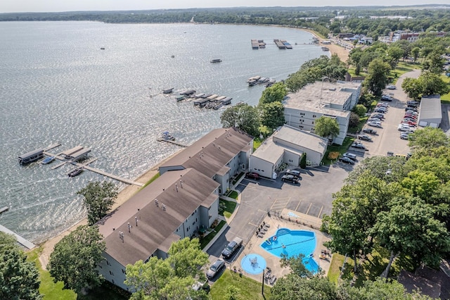 drone / aerial view featuring a water view