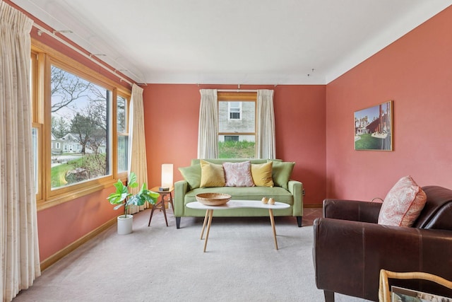 living room featuring baseboards, a healthy amount of sunlight, and carpet
