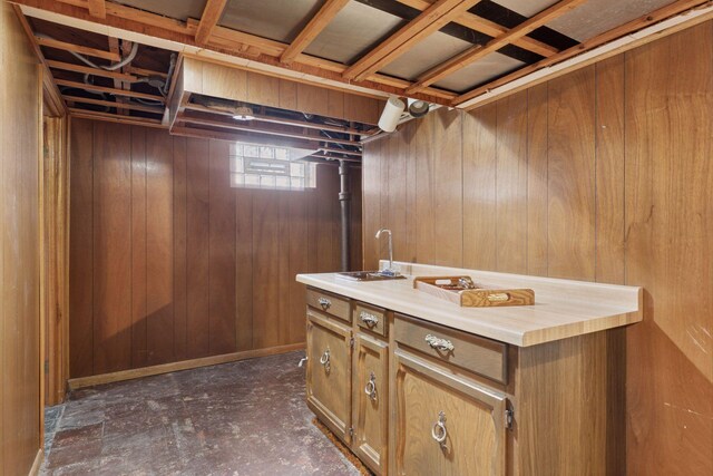 interior space with wooden walls and a sink
