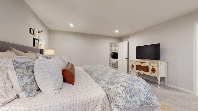 carpeted bedroom with baseboards, visible vents, and recessed lighting