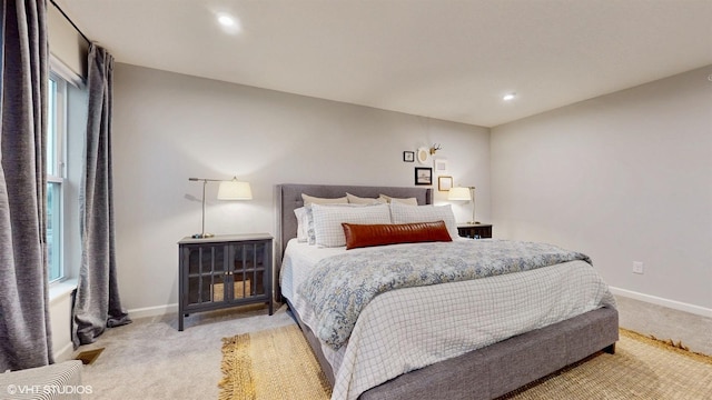 bedroom featuring carpet floors, recessed lighting, and baseboards