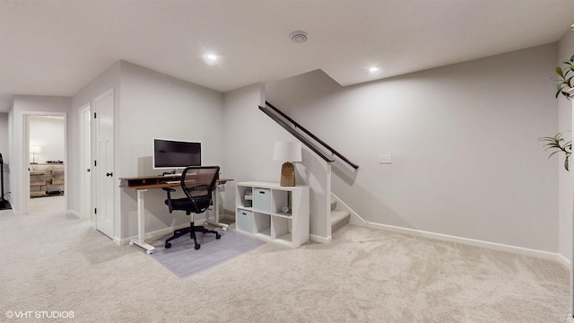 home office featuring baseboards, carpet flooring, and recessed lighting