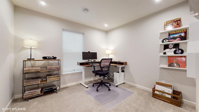 office area featuring carpet, baseboards, and recessed lighting