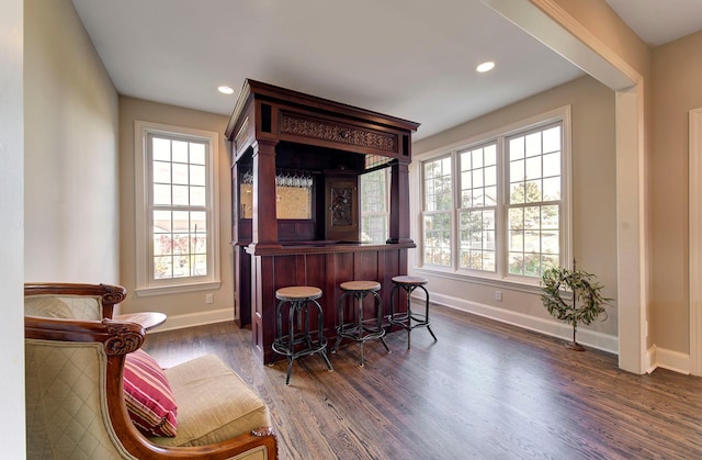 bar with a dry bar, plenty of natural light, and dark wood finished floors