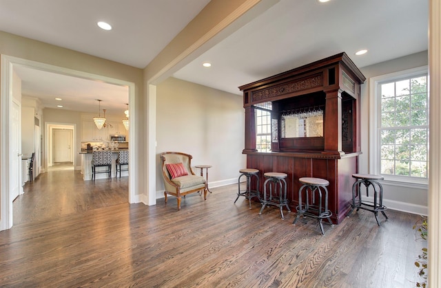 bar with baseboards, stainless steel microwave, dark wood finished floors, and recessed lighting