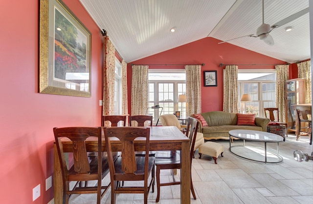 dining room featuring vaulted ceiling, ceiling fan, and recessed lighting