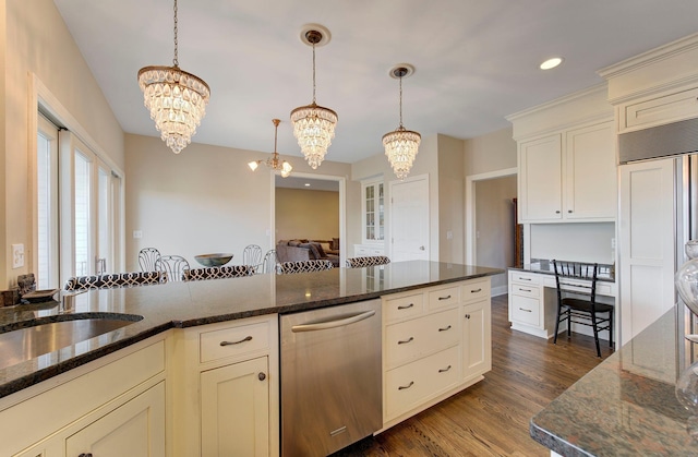 kitchen featuring a chandelier, decorative light fixtures, dark wood finished floors, and stainless steel dishwasher