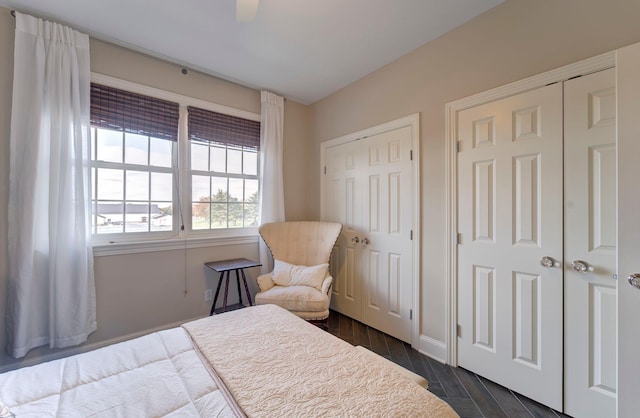 bedroom featuring dark wood-type flooring, two closets, and a ceiling fan