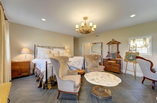 bedroom featuring recessed lighting, visible vents, baseboards, and an inviting chandelier