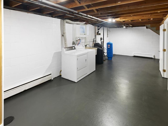 unfinished below grade area with baseboard heating, independent washer and dryer, and concrete block wall