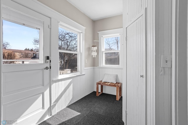 interior space with a wainscoted wall and dark carpet