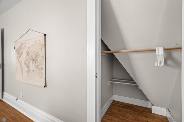 walk in closet with wood finished floors