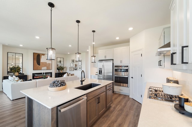 kitchen featuring under cabinet range hood, stainless steel appliances, a sink, light countertops, and a glass covered fireplace