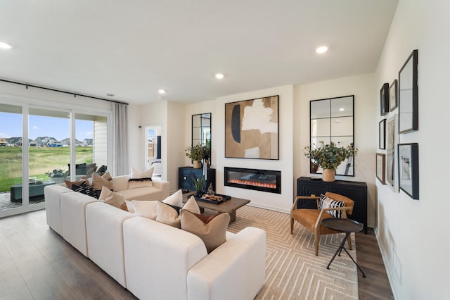 living area featuring recessed lighting, baseboards, wood finished floors, and a glass covered fireplace