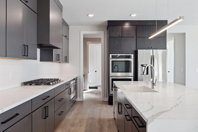 kitchen with light wood finished floors, decorative backsplash, appliances with stainless steel finishes, a sink, and wall chimney exhaust hood