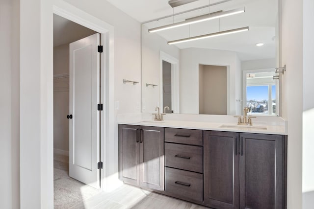 bathroom featuring a sink, a spacious closet, and double vanity