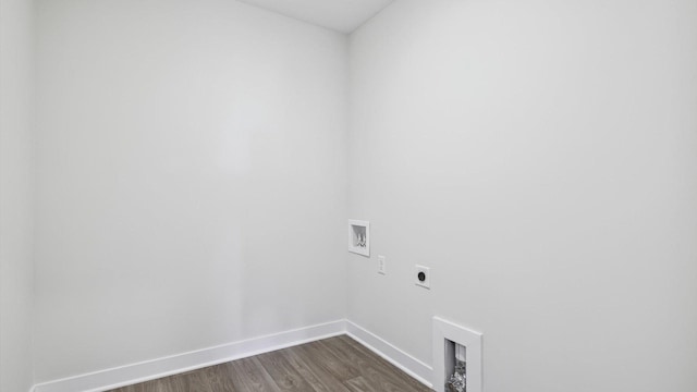 washroom with dark wood-style floors, washer hookup, hookup for an electric dryer, laundry area, and baseboards