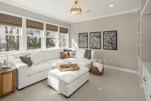 carpeted living room with crown molding, baseboards, and recessed lighting