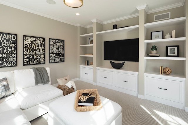 carpeted living area featuring crown molding, built in features, baseboards, and recessed lighting