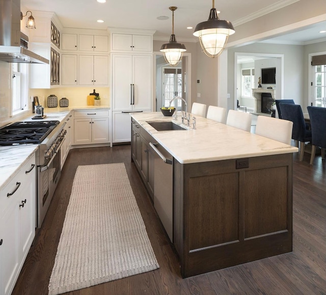 kitchen featuring wall chimney range hood, appliances with stainless steel finishes, a sink, white cabinetry, and crown molding