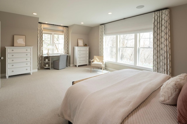 carpeted bedroom with baseboards and recessed lighting