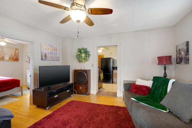 living room featuring ceiling fan and wood finished floors