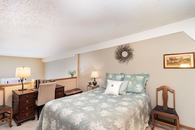 carpeted bedroom with a textured ceiling