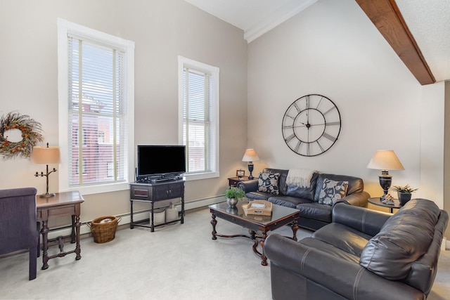 carpeted living room featuring a baseboard heating unit and baseboards