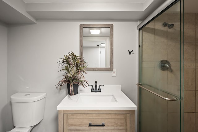 bathroom with toilet, a stall shower, and vanity