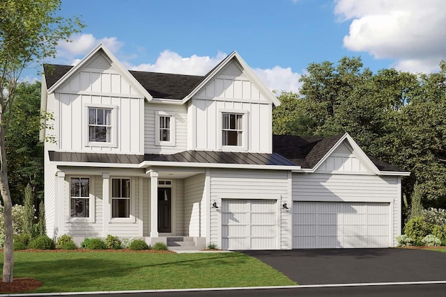 modern farmhouse style home featuring a standing seam roof, driveway, a front lawn, and board and batten siding