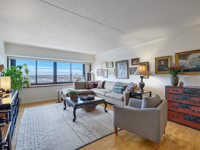 living area with a textured ceiling and wood finished floors