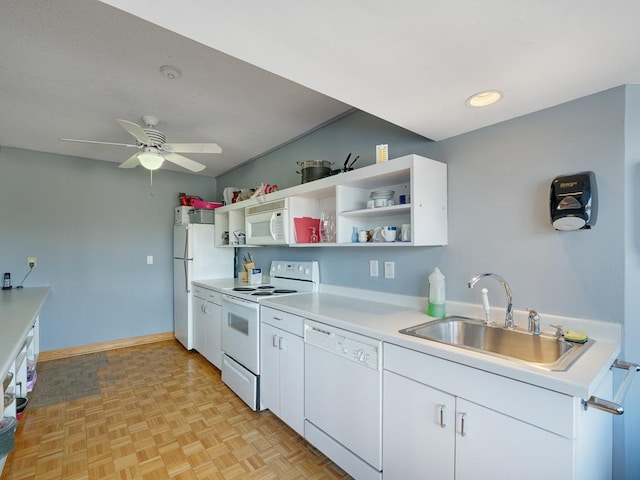 kitchen featuring white appliances, a sink, white cabinetry, light countertops, and open shelves