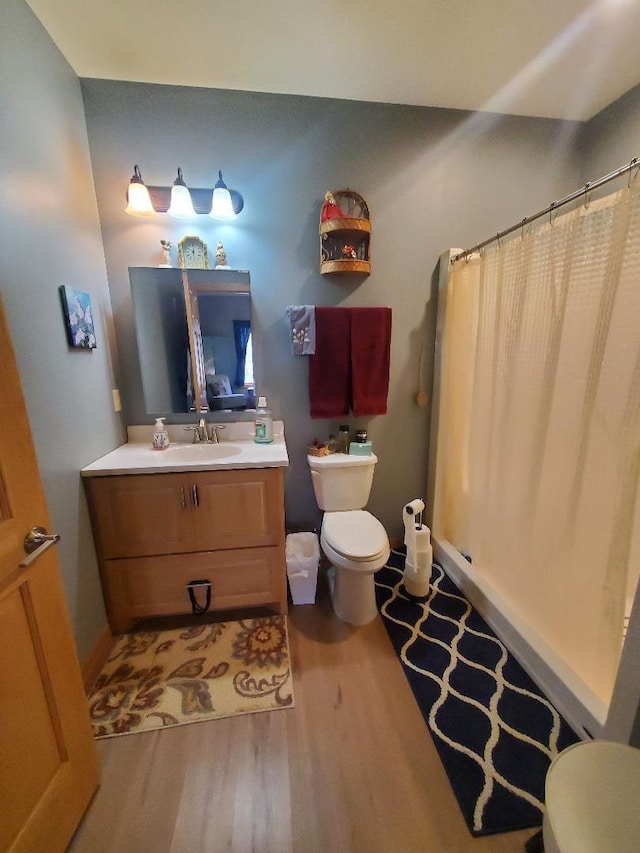 218 Thomas Dr, Rollingstone, MN 55969 - full bath with toilet, wood finished floors, vanity, and a shower with curtain