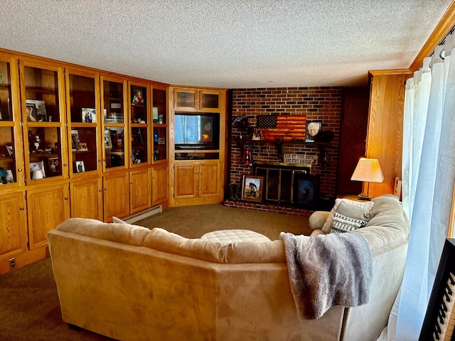 living area with a baseboard heating unit, carpet flooring, a fireplace, and a textured ceiling