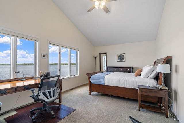 carpeted bedroom with high vaulted ceiling, a water view, ceiling fan, and baseboards