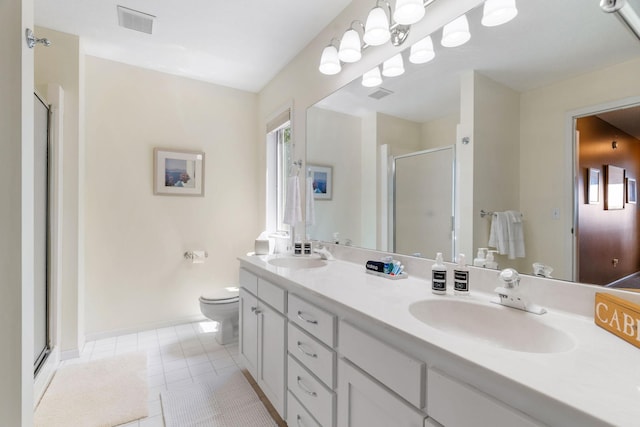 full bath with a stall shower, tile patterned flooring, a sink, and visible vents