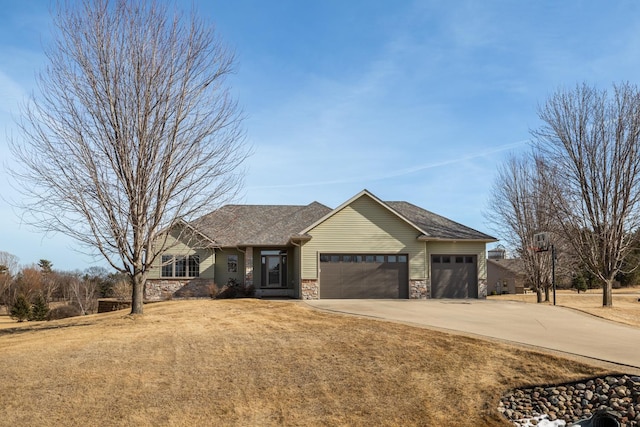 ranch-style house with a front lawn, roof with shingles, a garage, stone siding, and driveway