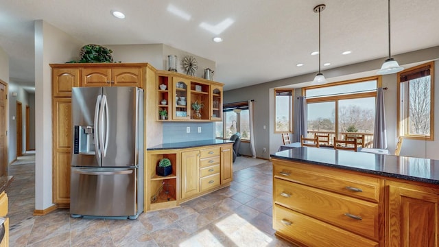 kitchen featuring decorative light fixtures, decorative backsplash, recessed lighting, stainless steel fridge, and open shelves