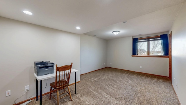 carpeted home office with recessed lighting and baseboards