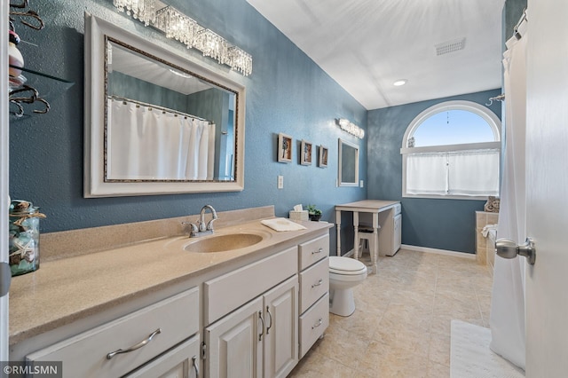 bathroom with baseboards, visible vents, a textured wall, toilet, and vanity