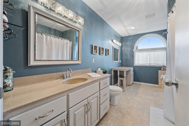 full bathroom featuring a textured wall, visible vents, toilet, and vanity