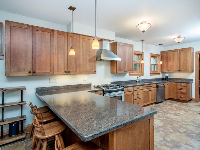 1286 Fairmount Ave, Saint Paul, MN 55105 - kitchen featuring appliances with stainless steel finishes, wall chimney range hood, a kitchen breakfast bar, and brown cabinetry